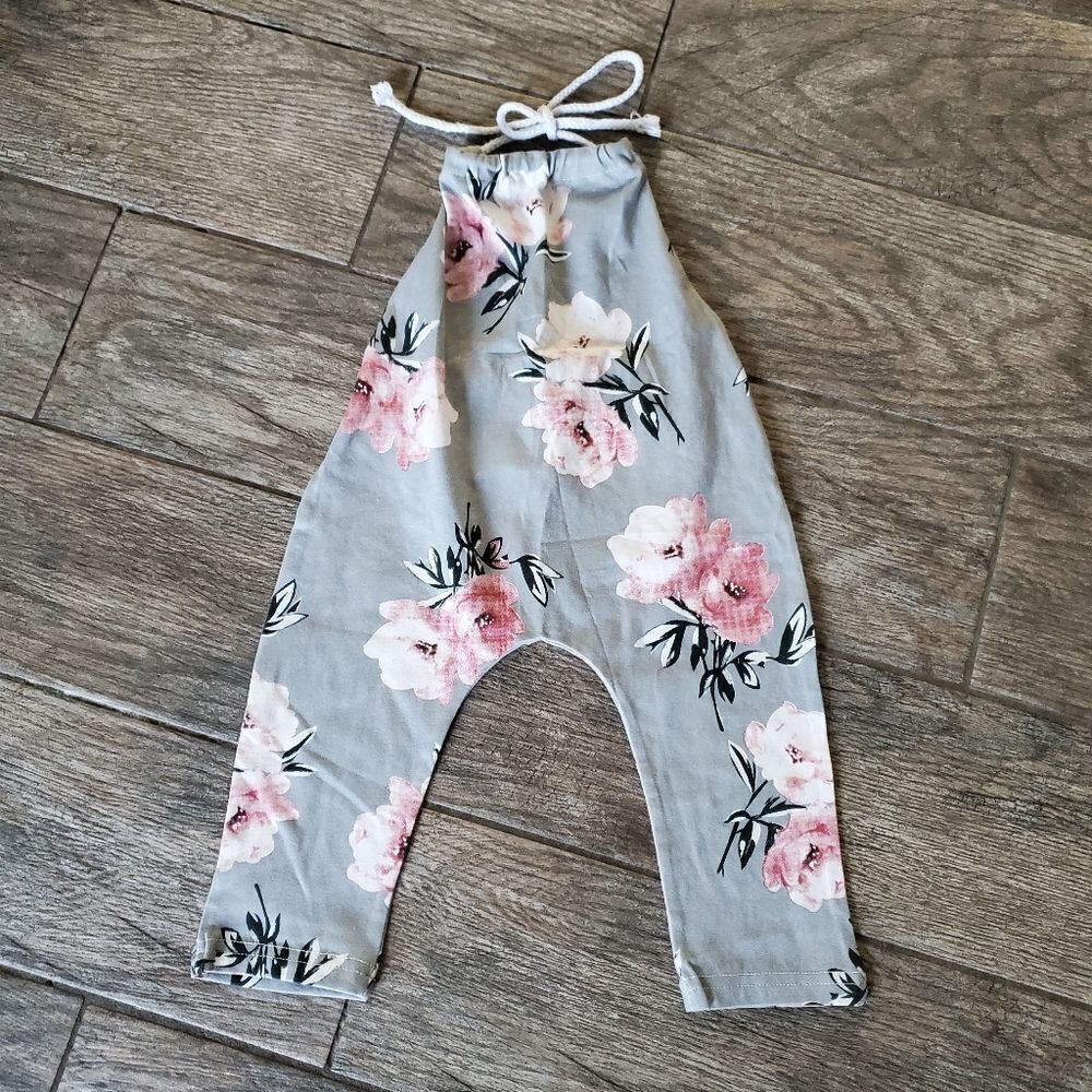 NWOT Pull on gray halter open back jumpsuit with pink white black flowers 24mons